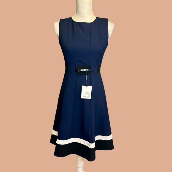NWT Calvin Klein Fit & Flare Colorblock Belted Dress in Navy Blue & Black Stripe - Picture 3 of 16
